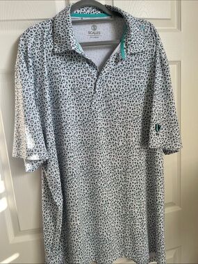 SCALES Men's White Polo with Teal Trim and Micro Geometric Print